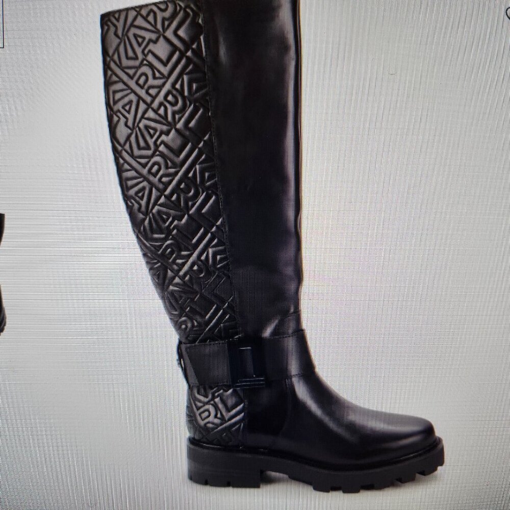 Karl Lagerfeld Black Leather "Meara" Logo Quilted Knee-High Boots. NIB. Size 5